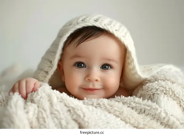 Adorable Baby Wrapped in White Blanket with Knitted Hood