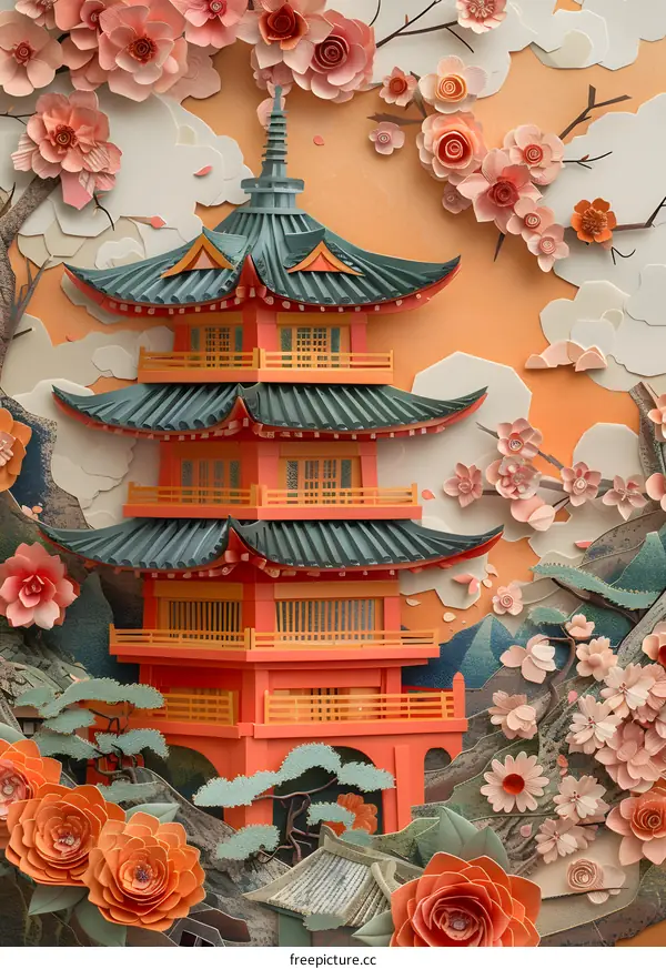 Paper Art Of A Pagoda With Cherry Blossoms