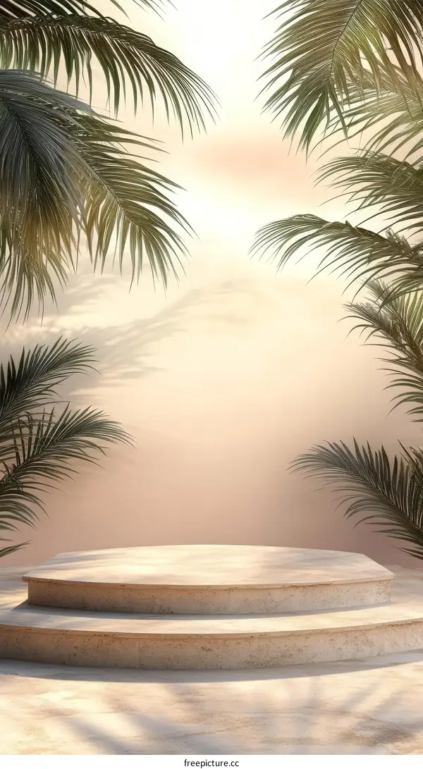 Beige Stone Product Display Podium with Tropical Plants