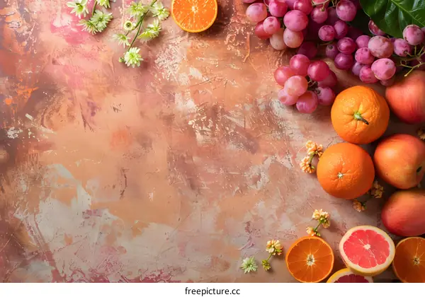 Orange Grapefruit and Grape Arrangement on Rustic Background