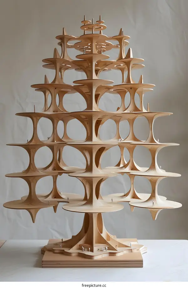 Wooden model of a tree with people inside