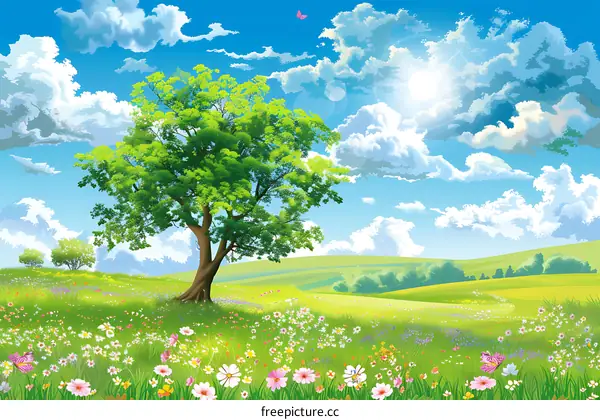 Spring Landscape with a Tree in the Meadow