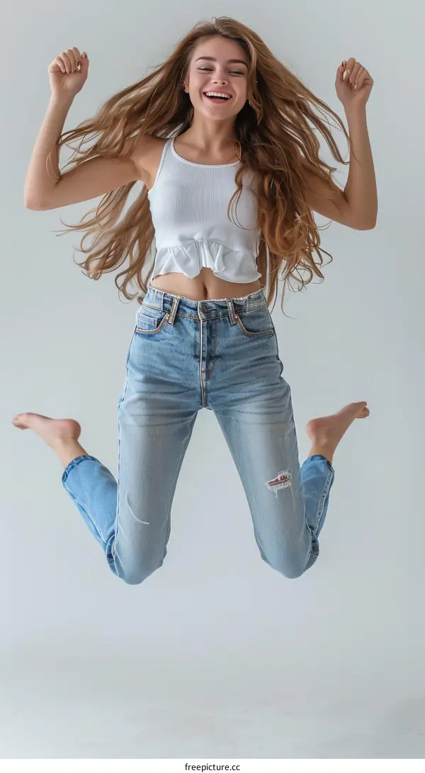 Ecstatic young woman jumping in the air