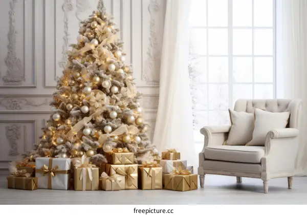 Gold and white Christmas tree with wrapped gifts