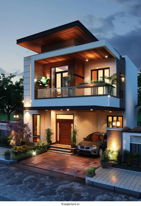 Modern Two-Story House Exterior Design at Twilight
