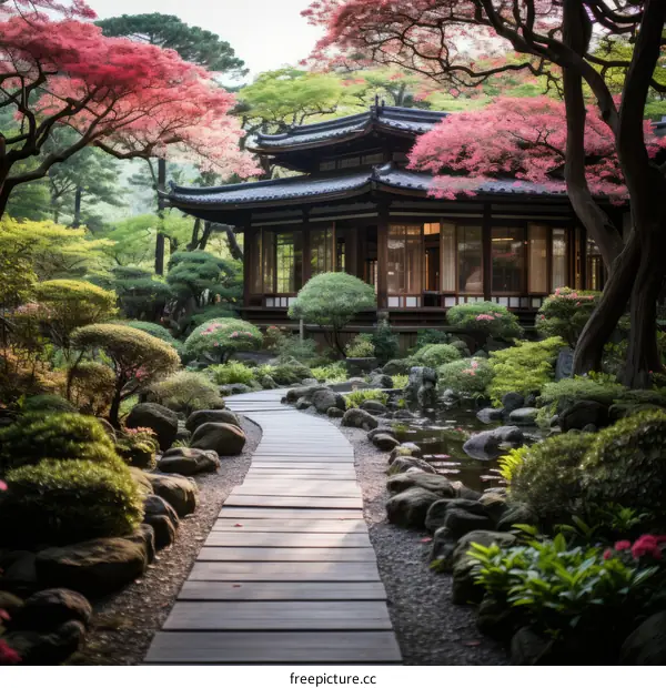 Japanese garden with a traditional house