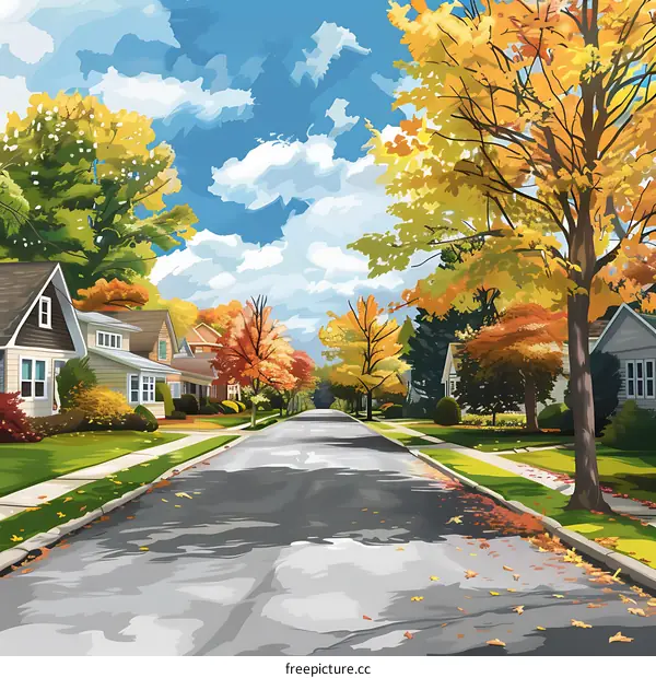 Autumn Street Scene with Yellow Trees and Houses