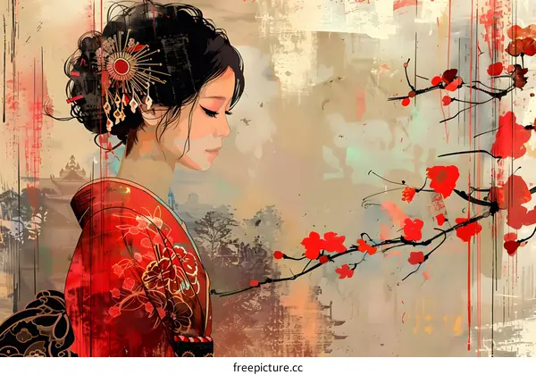 An illustration of a Japanese woman in a red kimono with a cherry blossom branch
