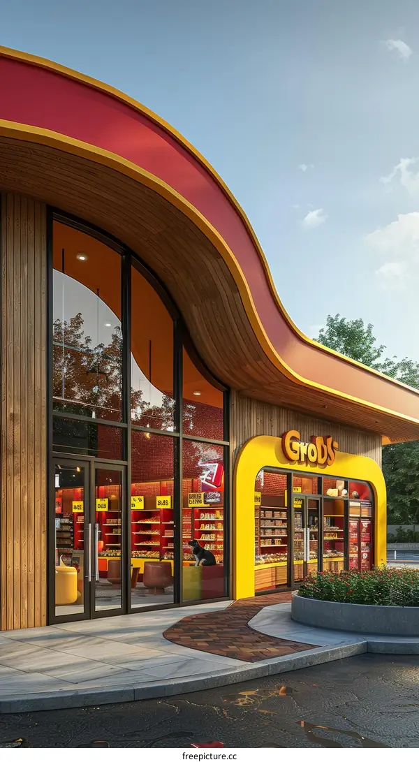 futuristic gas station with a large canopy and a yellow and red color scheme