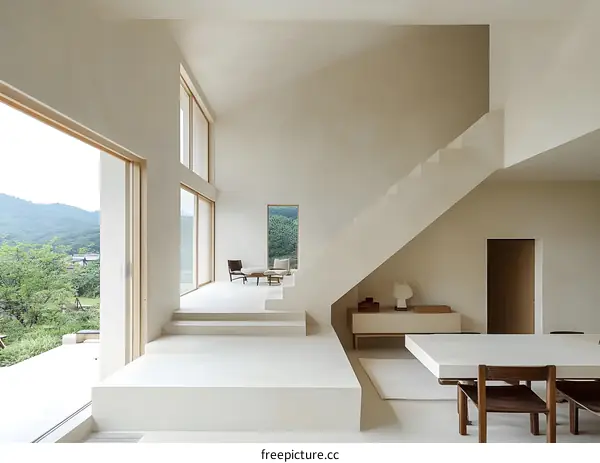 Minimalist Modern Home Interior Design With White Walls and Wooden Stairs