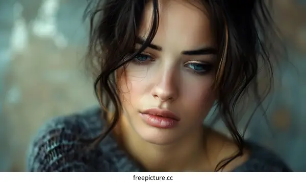 Portrait of a beautiful young woman with brown hair and blue eyes