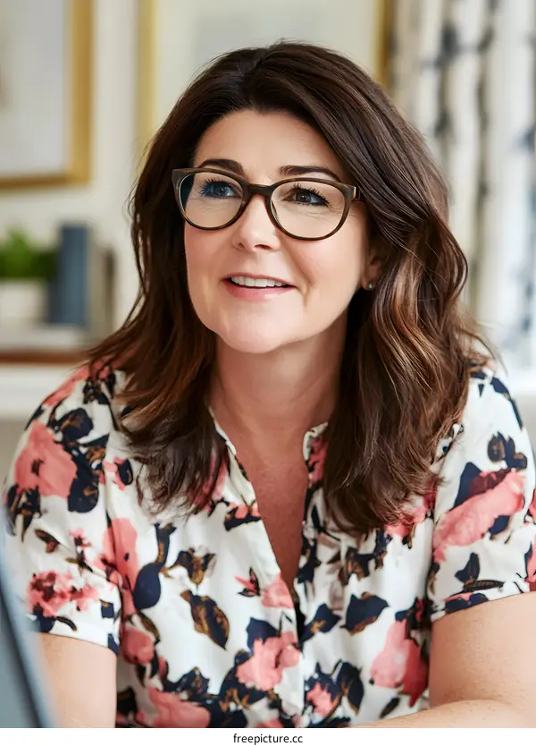 Portrait of a Caucasian Woman with Glasses and a Floral Shirt