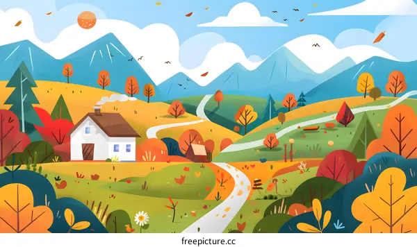 Autumn Landscape With A House And Winding Road