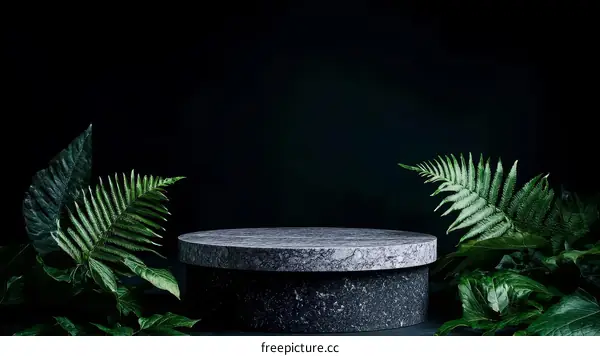 Dark Background Minimalist Round Stone Display Platform with Tropical Plants