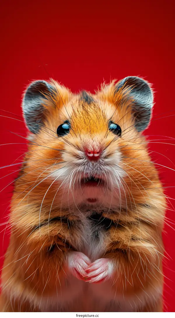 Close-up portrait of a cute, surprised, ginger hamster with its paws together