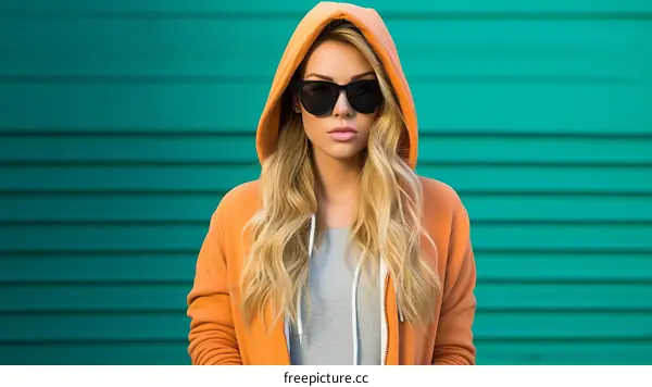 A blonde woman wearing an orange hoodie and sunglasses poses against a blue background