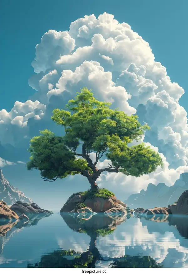 Solitary Tree on a Rock in a Fantasy Lake
