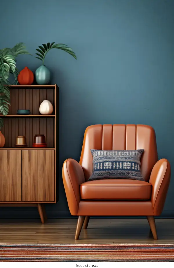 Orange Leather Armchair in Blue Room: Retro Interior Design