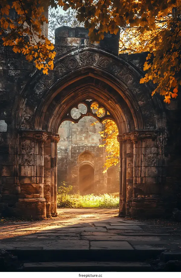 Stone Archway Leading to a Sunlit Pathway in an Old Ruin