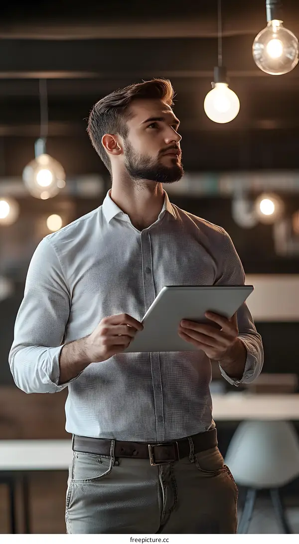 Businessman Using Tablet in Office Setting with Light Bulbs