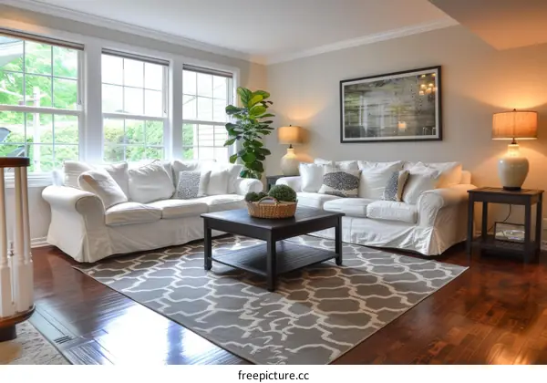 Bright living room with comfortable seating and stylish rug