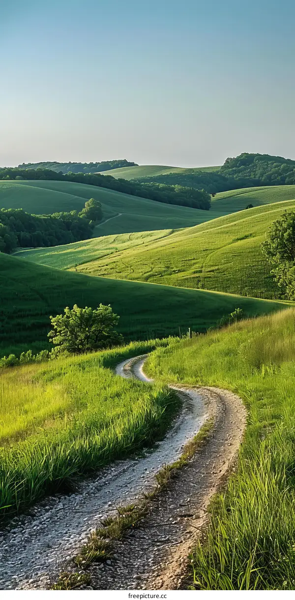 Country Road Through Green Hills in Summer