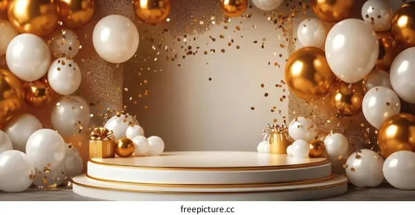Luxury Celebration Stage with Balloons and Confetti