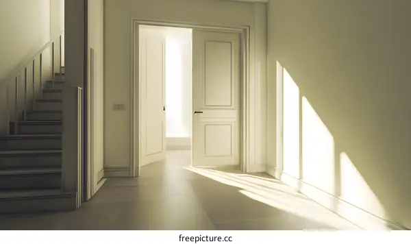 Modern White Doorway with Stairs and Sunlight
