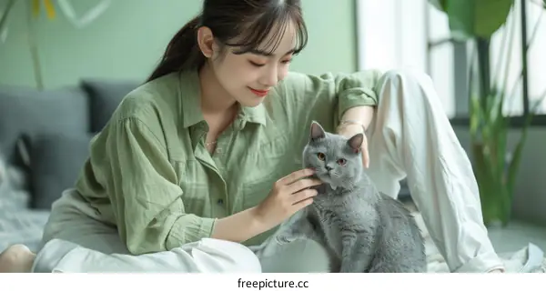 A young woman is petting a gray cat on the bed.