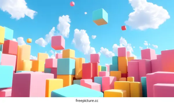Abstract Colorful 3D Cubes Floating in the Sky with Clouds