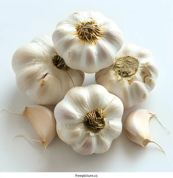 A pile of white garlic bulbs