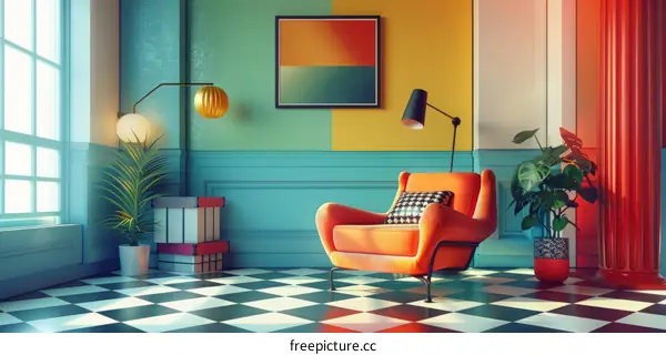 Retro Living Room Interior with Orange Armchair and Abstract Art