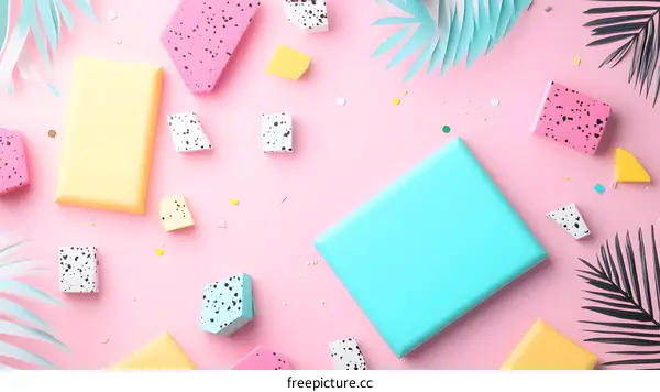 Abstract Geometric Shapes with Palm Leaves on Pink Background