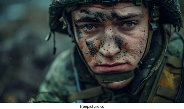 Portrait of a soldier with mud on his face