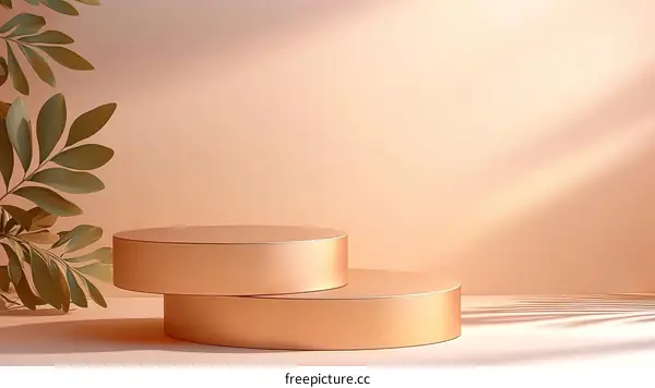 Golden Product Display Stand with Soft Light and Green Leaves