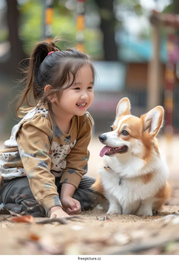 A happy girl playing with a corgi in the park