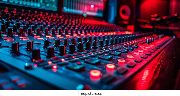 Sound engineer at a professional audio mixing console in a recording studio