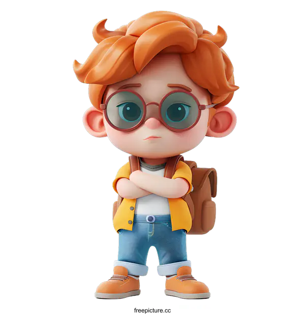 [Transparent Background PNG]3D illustration of a boy with glasses and a backpack