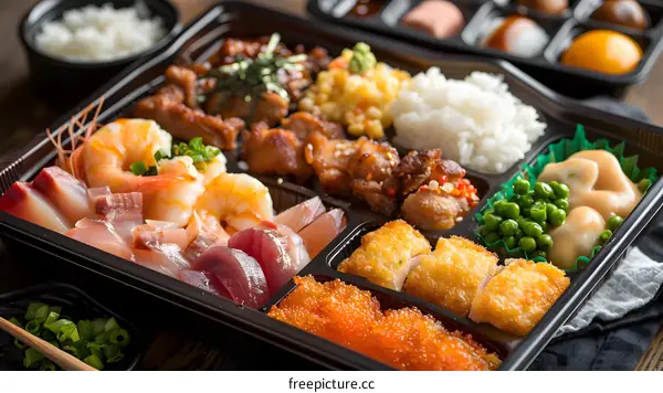Delicious Japanese Bento Box with Seafood, Chicken and Vegetables