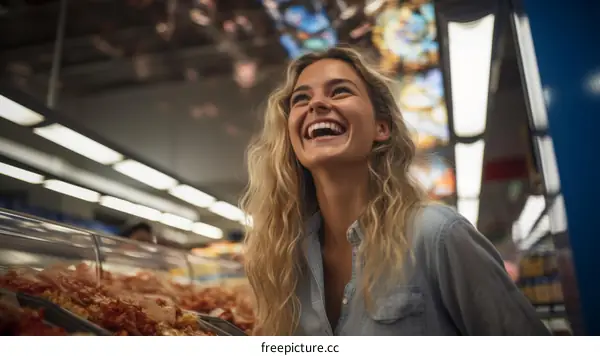 Portrait of a laughing young woman with long blond hair in a supermarket