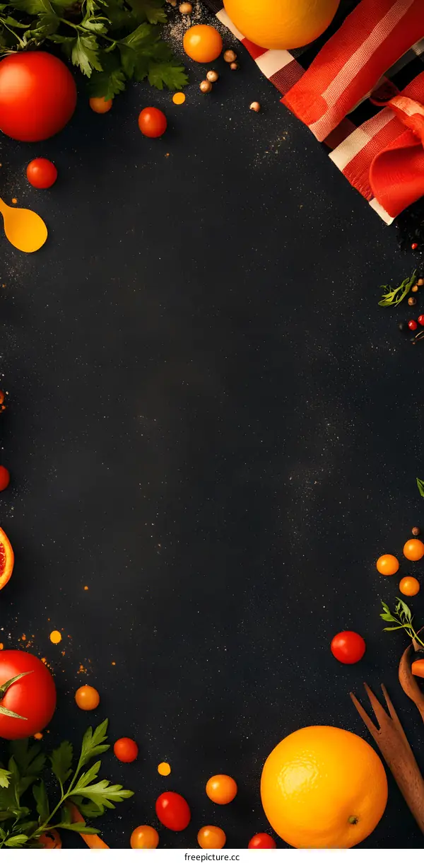 Food Background with Tomatoes, Oranges and Parsley on Black Surface