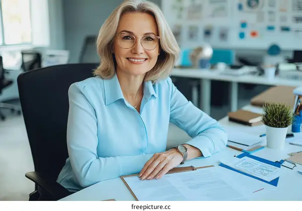 Smiling Business Woman at Office Desk