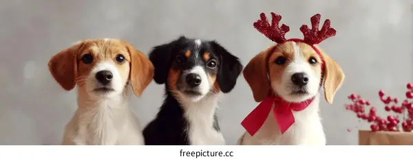 Three Adorable Puppies with Christmas Decorations
