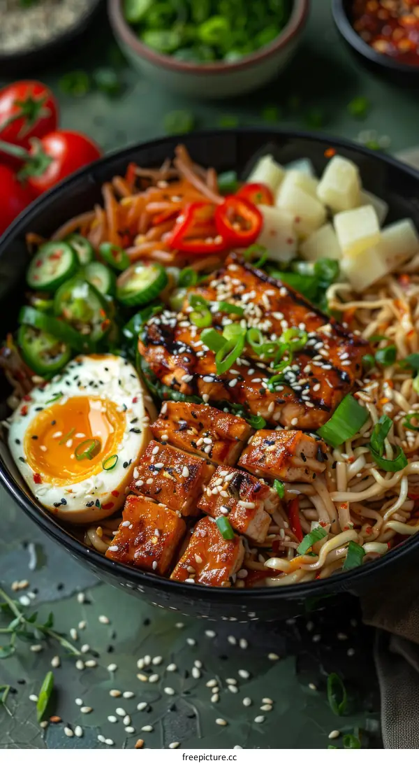 A bowl of ramen with chicken, vegetables, and a soft-boiled egg