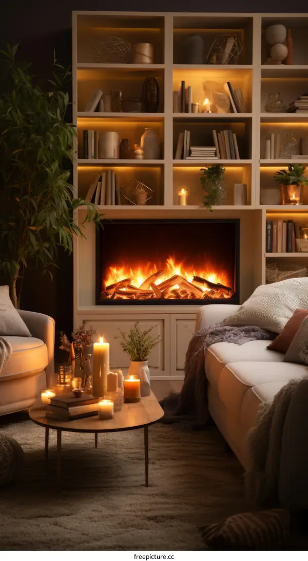 Cozy Living Room with Fireplace and Bookshelf