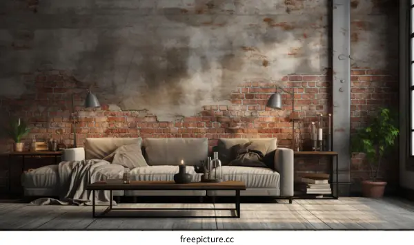 Modern Industrial Style Living Room with Brick Wall and Concrete Floor