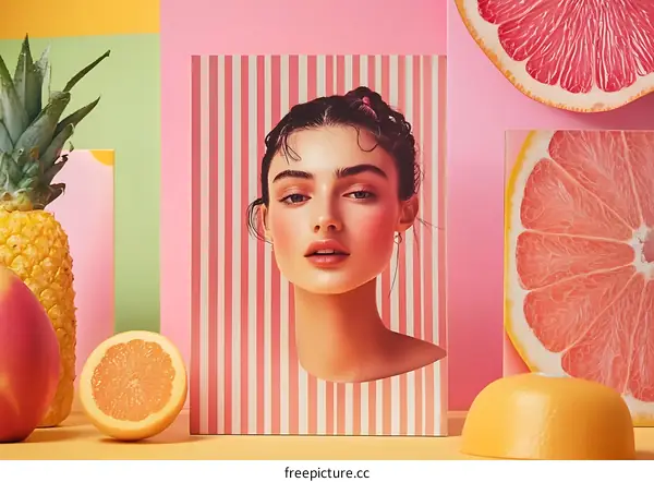 Woman Portrait with Tropical Fruits and Pink Stripes