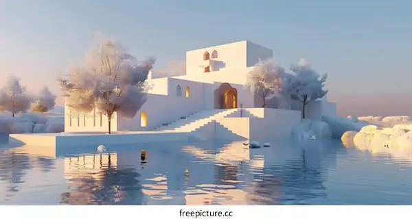 Minimalist White Architecture with Water Reflection