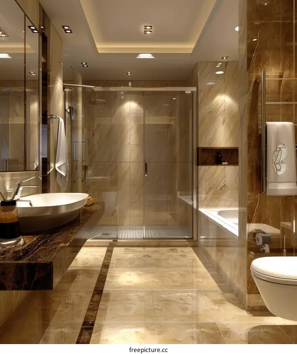 Lavish bathroom interior with marble walls and tiles