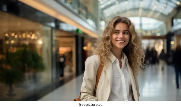 A young woman with curly blonde hair smiles as she walks through a shopping mall